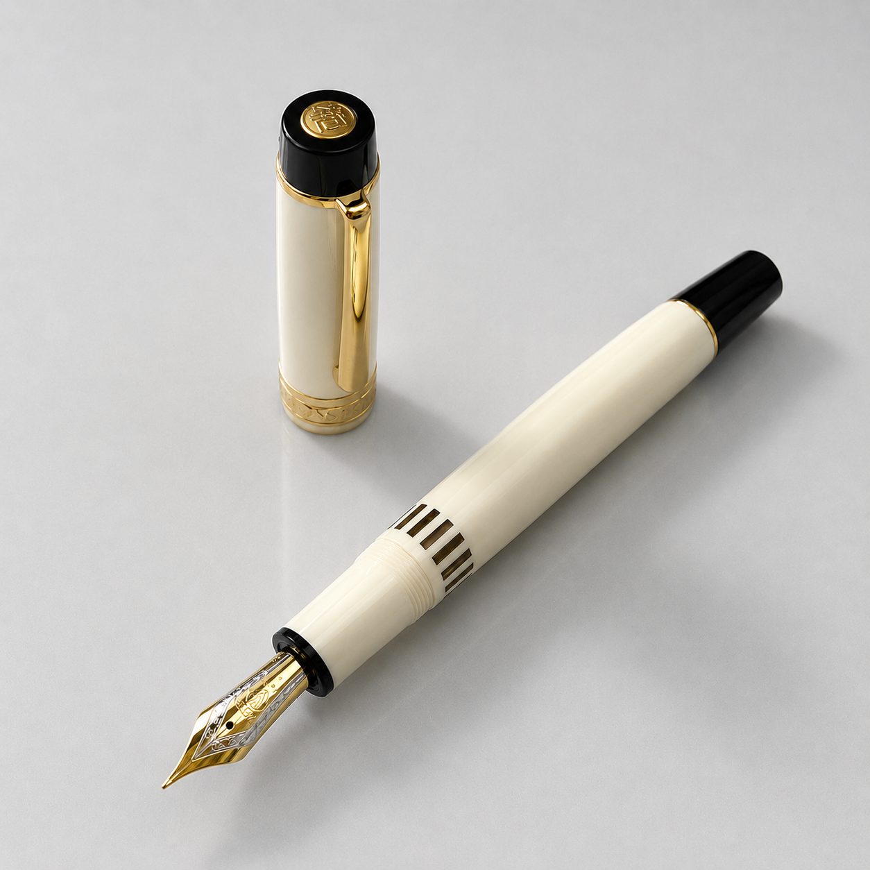 Wing Sung 630 Ivory White, Flat Top Acrylic Fountain Pen, Gold Trim, Piston Filling System