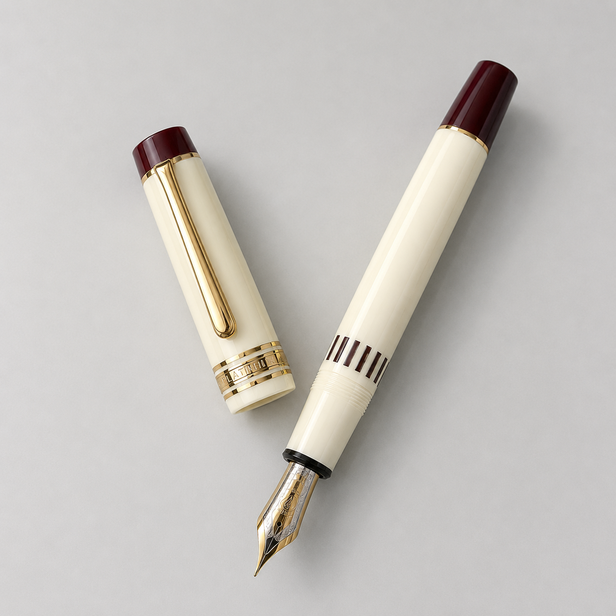 Wing Sung 630 Ivory White, Flat Top Acrylic Fountain Pen, Gold Trim, Piston Filling System