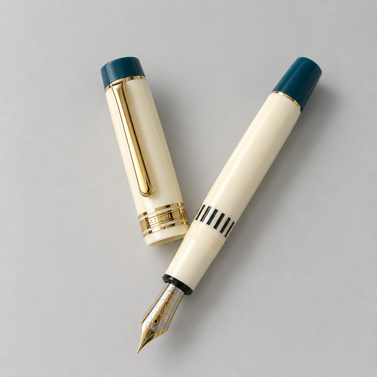 Wing Sung 630 Ivory White, Flat Top Acrylic Fountain Pen, Gold Trim, Piston Filling System