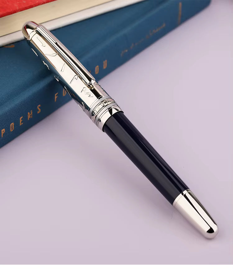 Moonman P135-115x Antique Metal Fountain Pen (Blue) with Fine Nib & 20ml Black Ink Bottle – Elegant Collectible Writing Set