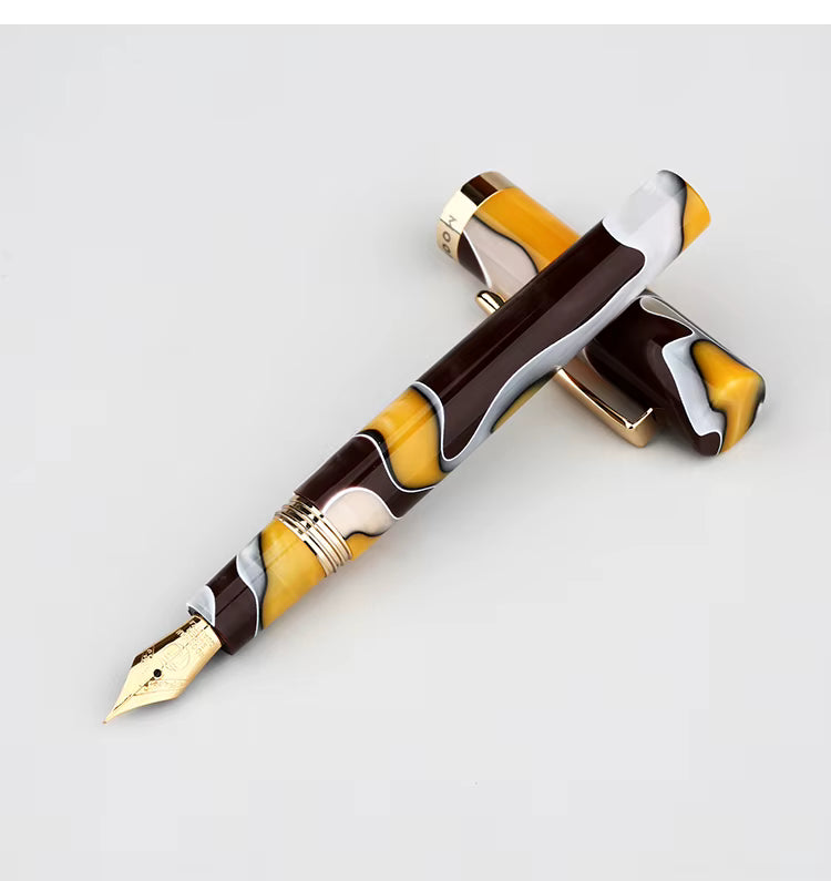 Moonman N2 Mini Fountain Pen – Iridium Gold-Plated Extra Fine Nib, Yellow Coffee White Celluloid, Pocket-Sized with Box & Converter
