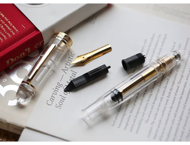 Moonman P140 Clear Demonstrator Fountain Pen – Brass Piston Filling System, Size 8 Sun-Carved Nib, Transparent Resin Body