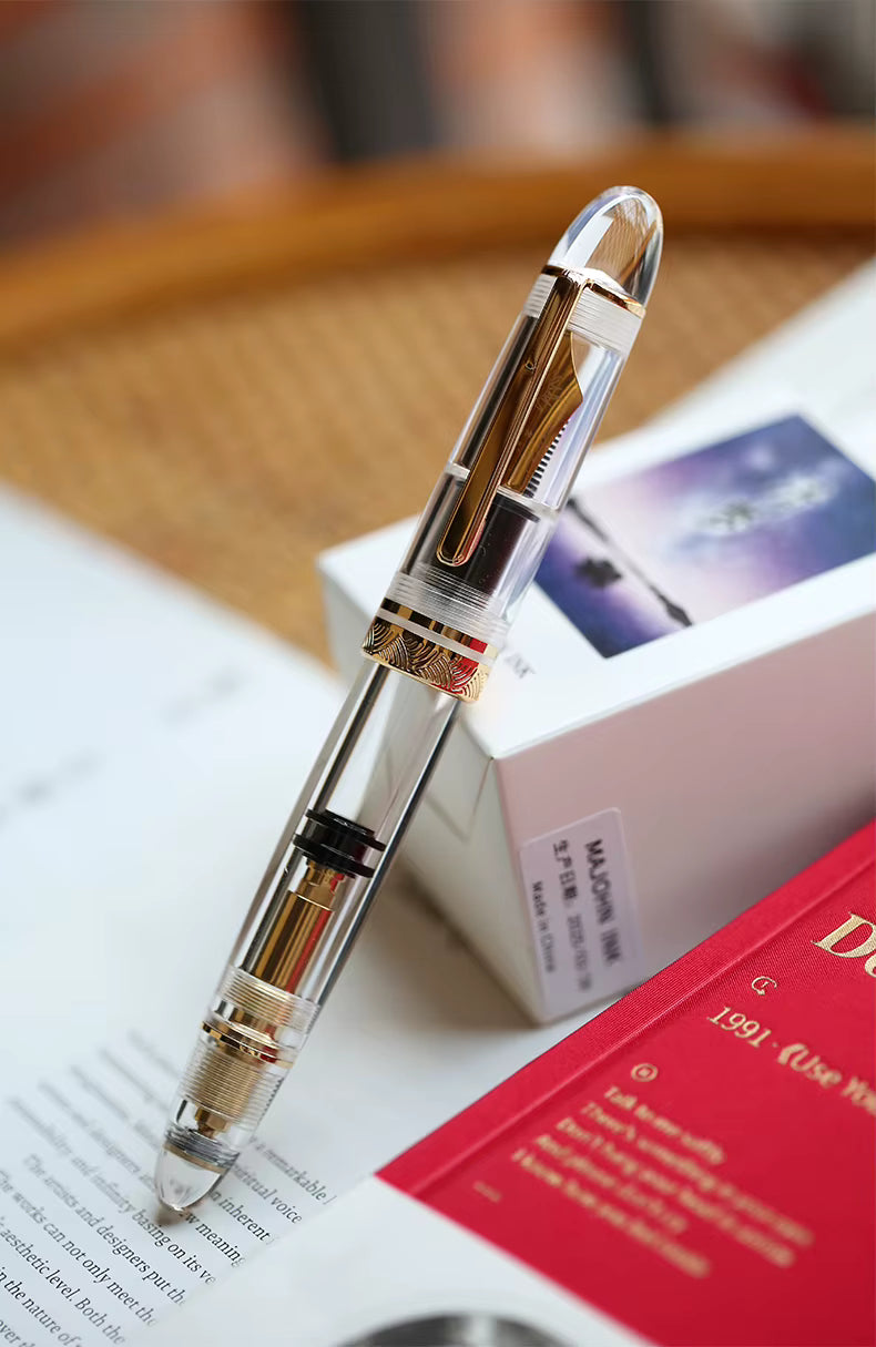 Moonman P140 Clear Demonstrator Fountain Pen – Brass Piston Filling System, Size 8 Sun-Carved Nib, Transparent Resin Body