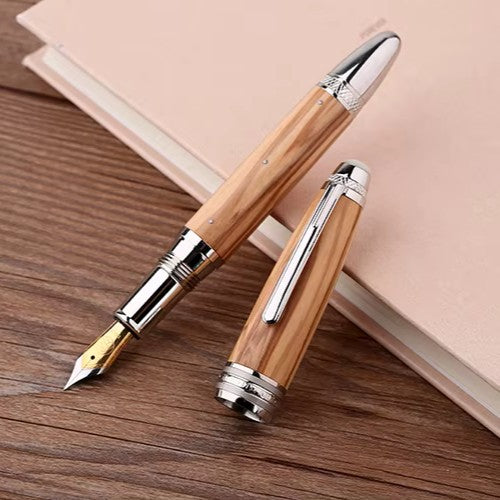 Moonman M1000 Handmade Olive Wood Fountain Pen with Fine Bock Nib & Rivet Mother of Pearl Cap Top – Luxury Wooden Fountain Pen