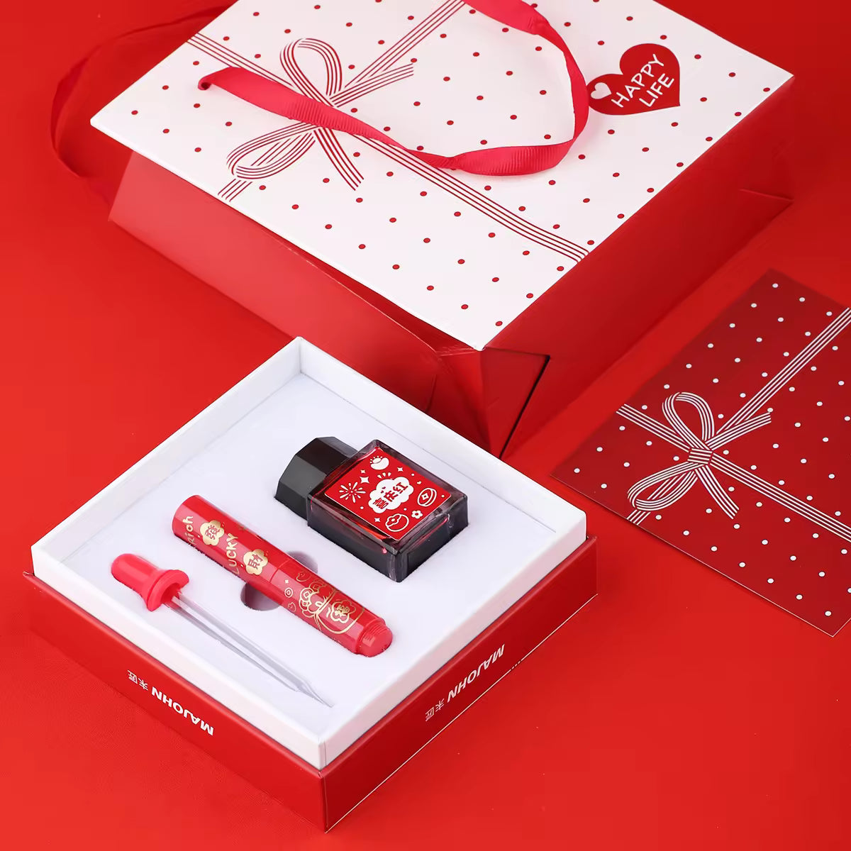Moonman Wancai Special Edition Pocket Fountain Pen Gift Set with Ink Bottle, Compact Eyedropper Fountain Pen, Limited Edition Red Theme
