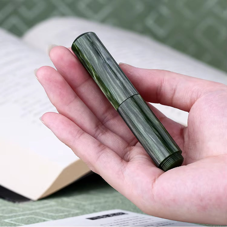 Moonman Wancai Mini Fountain Pen, Iridium Fine Nib Green Acrylic Travel Pocket Pen, short Size Eyedropper Ink Bottle Filling with 6 Black Cartridges Set