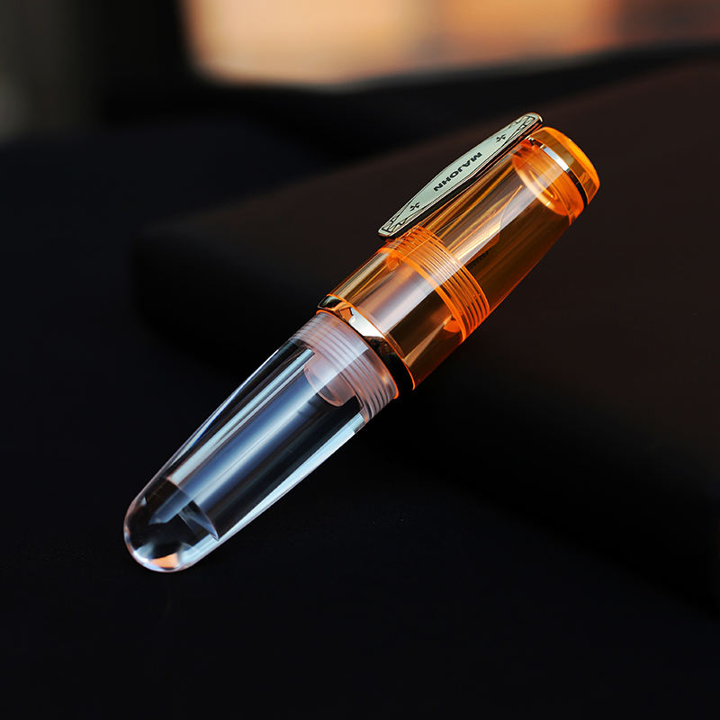 Moonman Q3 Mini Eyedropper Fountain Pen, Transparent Resin Short Pocket Pen, Iridium Fine Nib Large Capacity Writing Pen Case Set (Orange)
