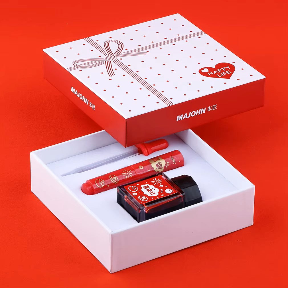 Moonman Wancai Special Edition Pocket Fountain Pen Gift Set with Ink Bottle, Compact Eyedropper Fountain Pen, Limited Edition Red Theme