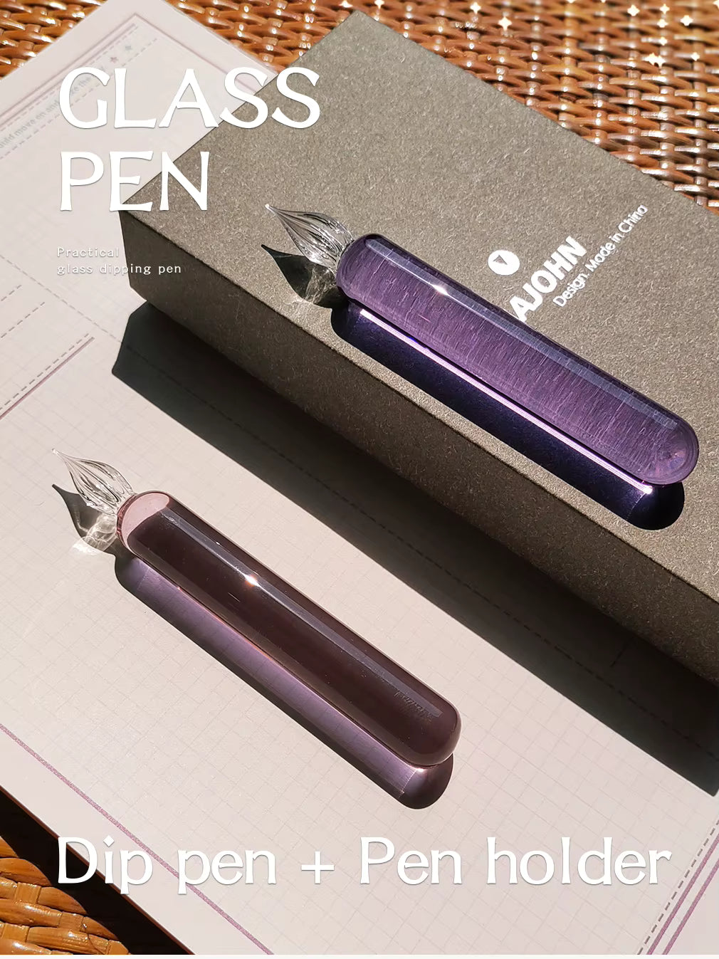 MAJOHN Crystal Glass Dip Pen – 0.5mm Fine Writing Width, Handmade Glass Nib, Solid Color Pink, Purple & Blue