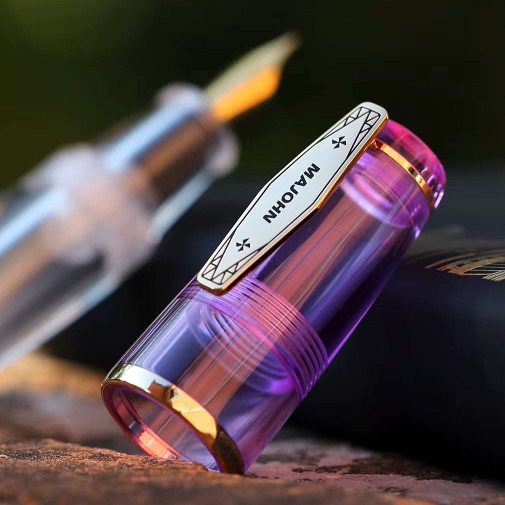 Moonman Q3 Mini Eyedropper Fountain Pen, Transparent Resin Short Pocket Pen, Iridium Fine Nib Large Capacity Writing Pen Case Set (Purple)