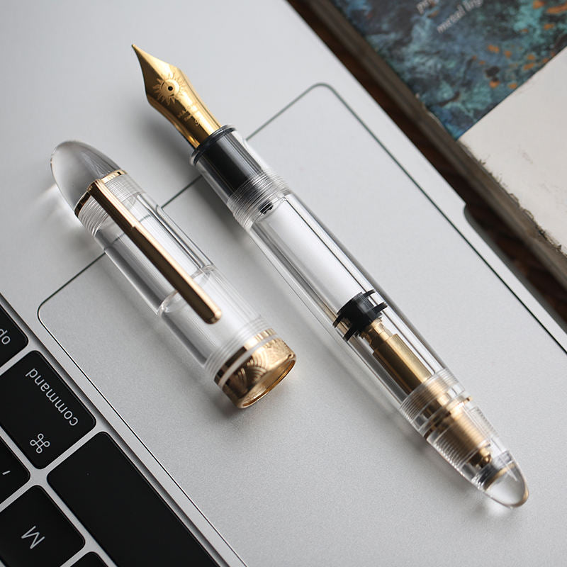 Moonman P140 Clear Demonstrator Fountain Pen – Brass Piston Filling System, Size 8 Sun-Carved Nib, Transparent Resin Body