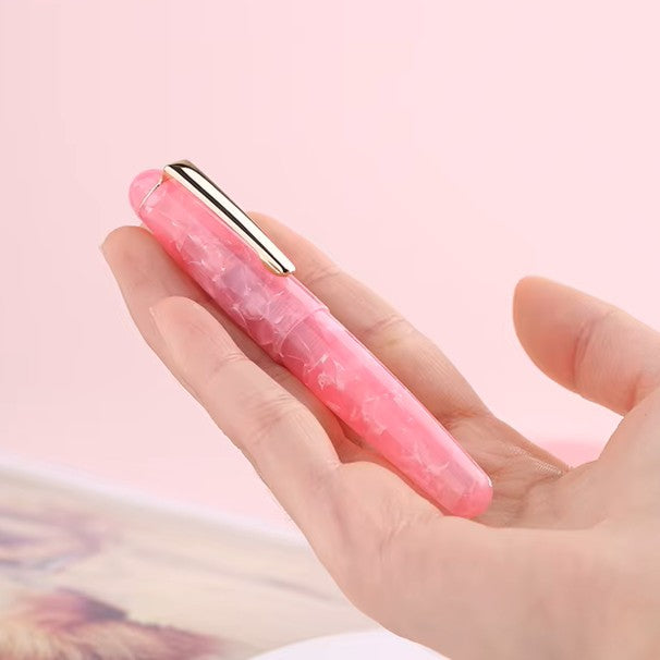 Moonman Q2 Mini Fountain Pen Eyedropper Filling, Extra Fine Nib Cherry Blossom Powder Acrylic Pen with Eyedropper and Pen Case