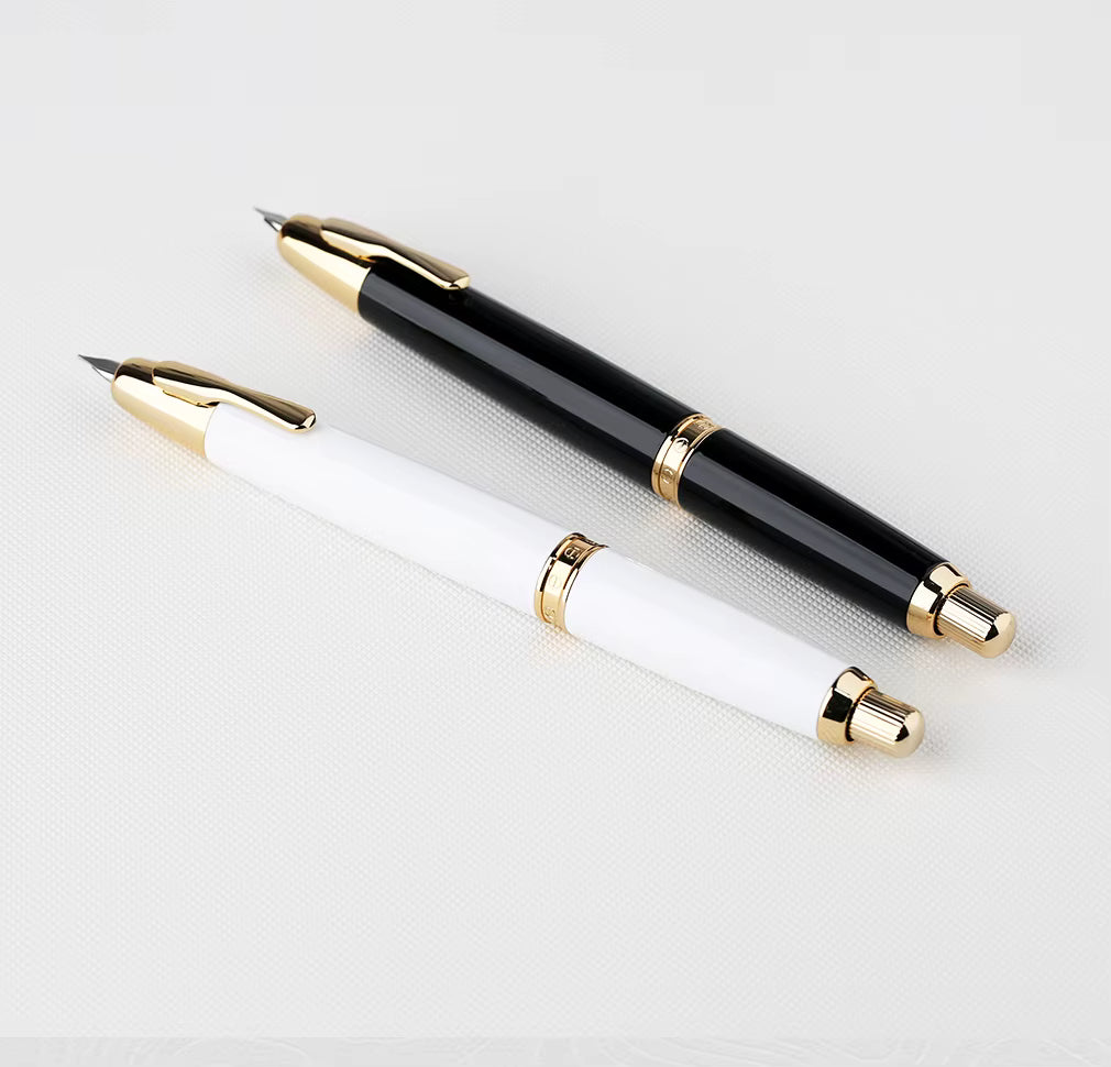 Moonman A1 Press Fountain Pen – Extra Fine Nib, Retractable White & Gold Writing Set with Converter (No Clip Version)