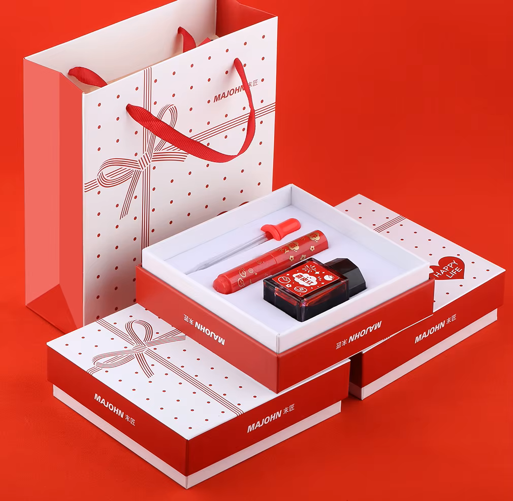 Moonman Wancai Special Edition Pocket Fountain Pen Gift Set with Ink Bottle, Compact Eyedropper Fountain Pen, Limited Edition Red Theme