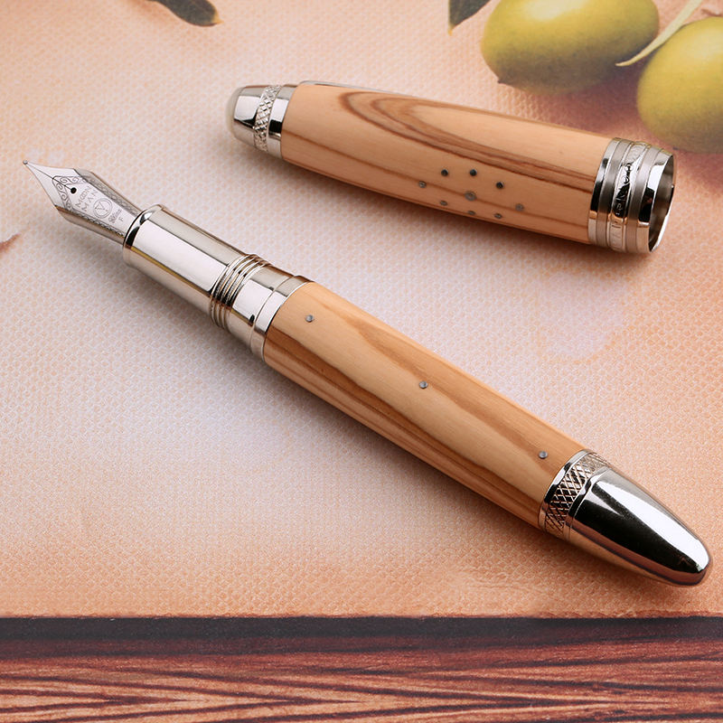 Moonman M1000 Handmade Olive Wood Fountain Pen with Fine Bock Nib & Rivet Mother of Pearl Cap Top – Luxury Wooden Fountain Pen