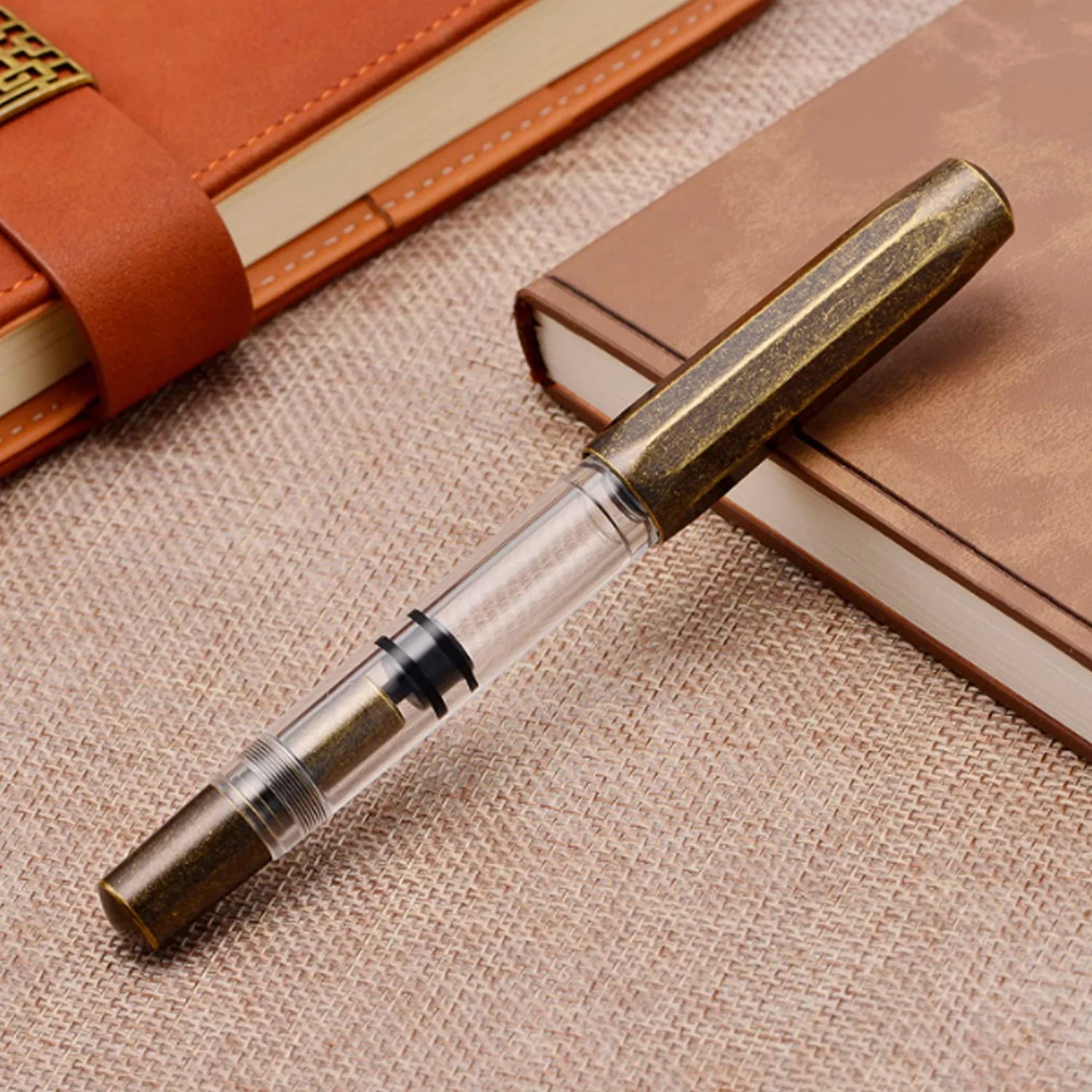 Moonman T1 Fountain Pen – Vintage Brass & Clear Body, Fine Nib, Piston Filling System, Clipless Design