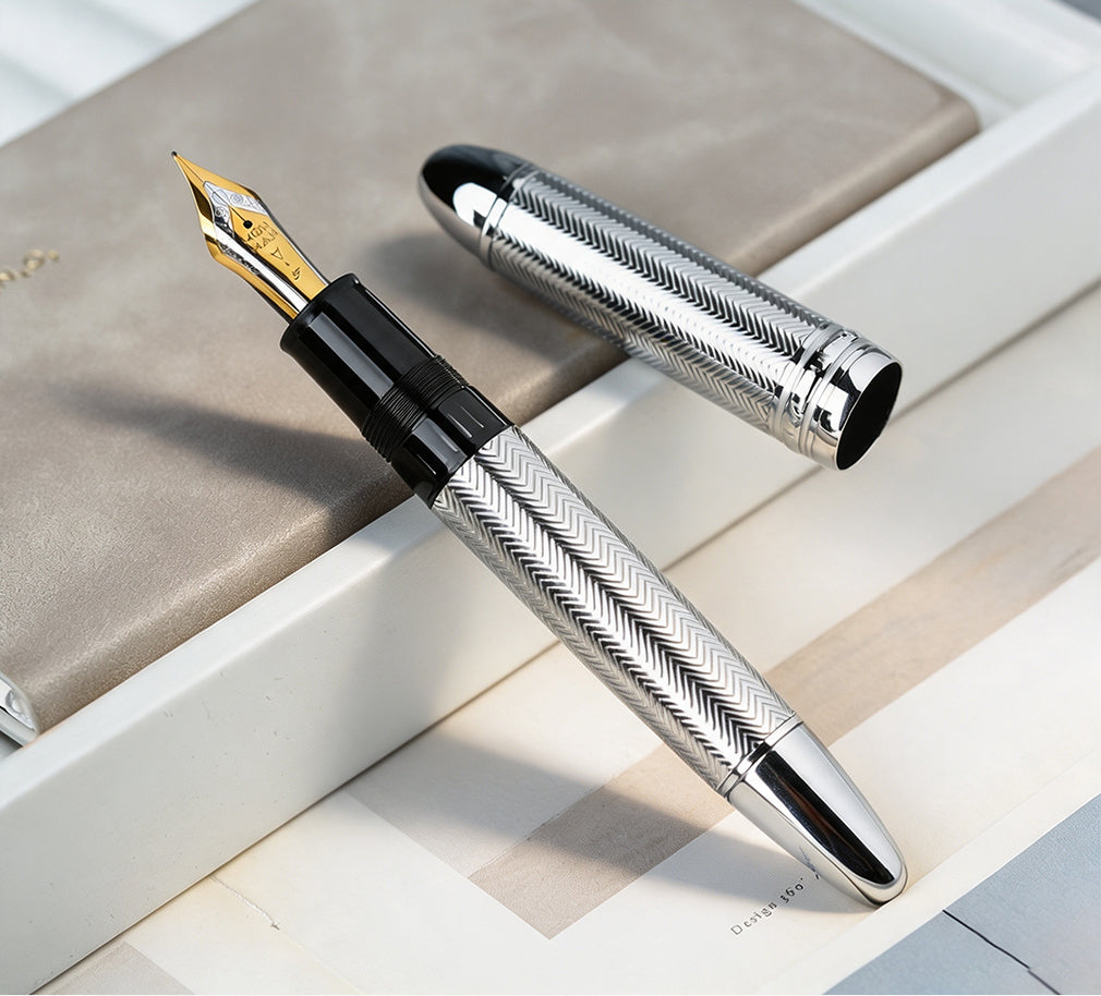 Moonman P141 Silver Brass Piston Fountain Pen with #8 Fine Nib, Ink Window – Luxury Business Pen