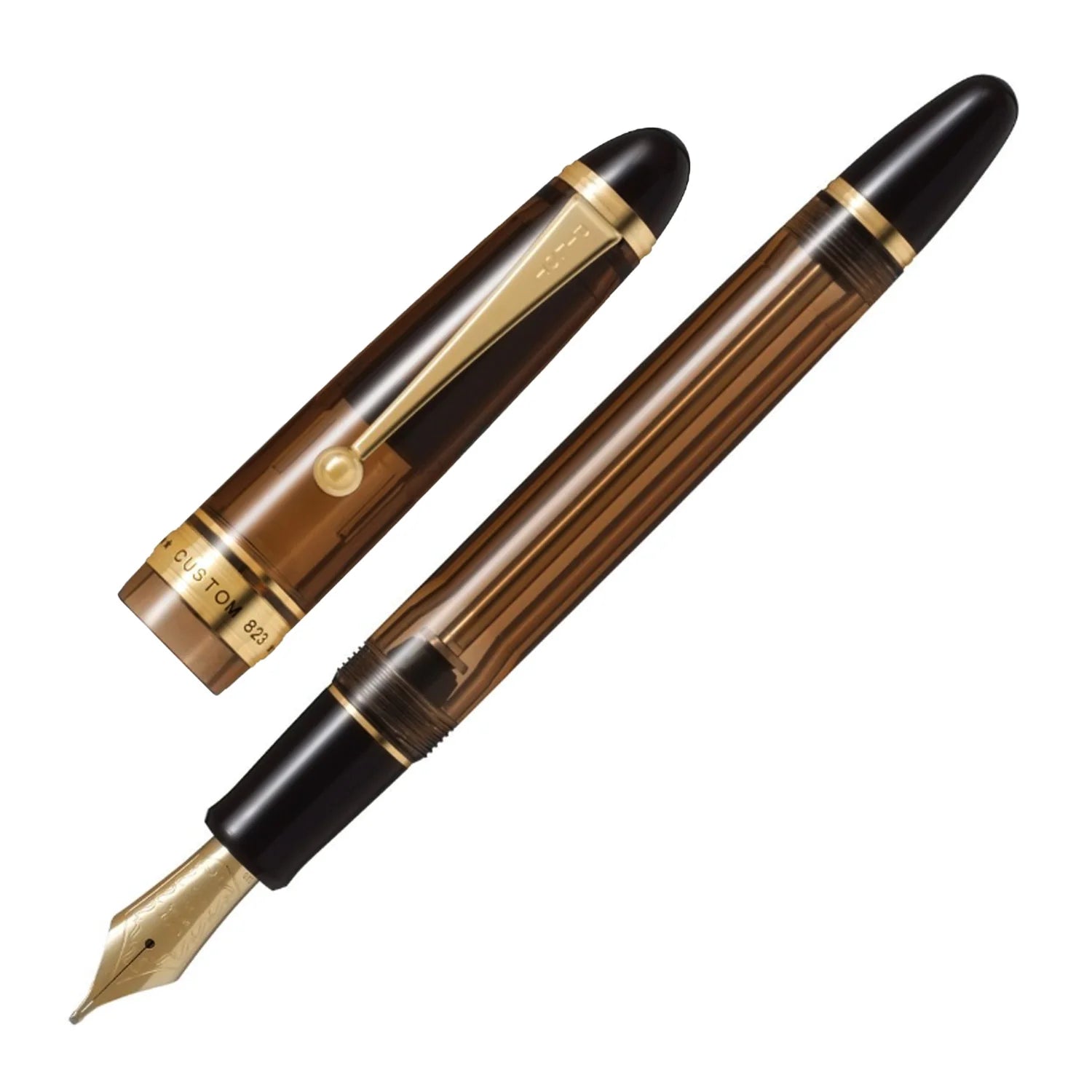 Pilot Custom 823 Amber Brown GT Fountain Pen – 14K Gold Nib - Vacuum Filling Demonstrator Pen