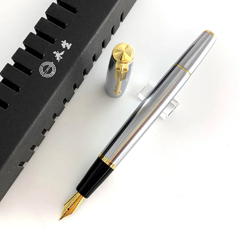 Wing Sung 601A All-Steel Fountain Pen – Piston Filler, Smooth Writing Nib, Premium Silver Body with Silver & Gold Clip