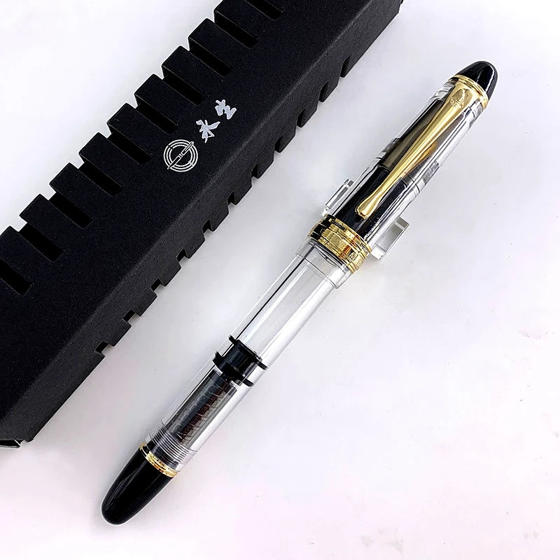 Wing Sung 699 Transparent Demonstrator Fountain Pen – Smooth M Nib, Piston Filler, Large Ink Capacity, Black & Gold Trim