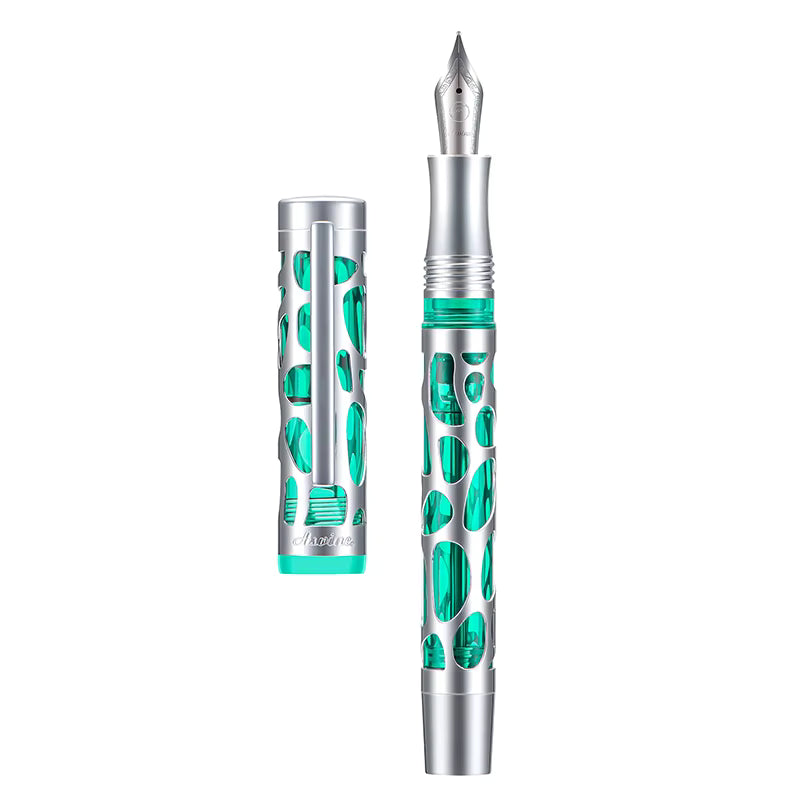 Asvine V169 Silver Green Skeleton Fountain Pen, Vacuum Filling, Metal Body