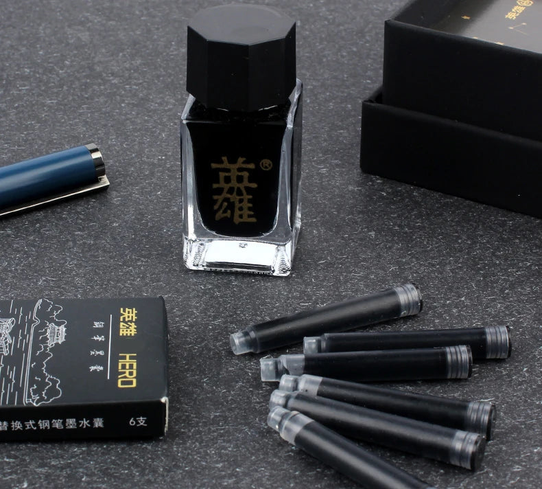 Hero 6192 Black Fountain Pen Gift Set – Fine Nib Writing Pen with Ink Bottle, Ink Cartridges, Converter & Premium Gift Box