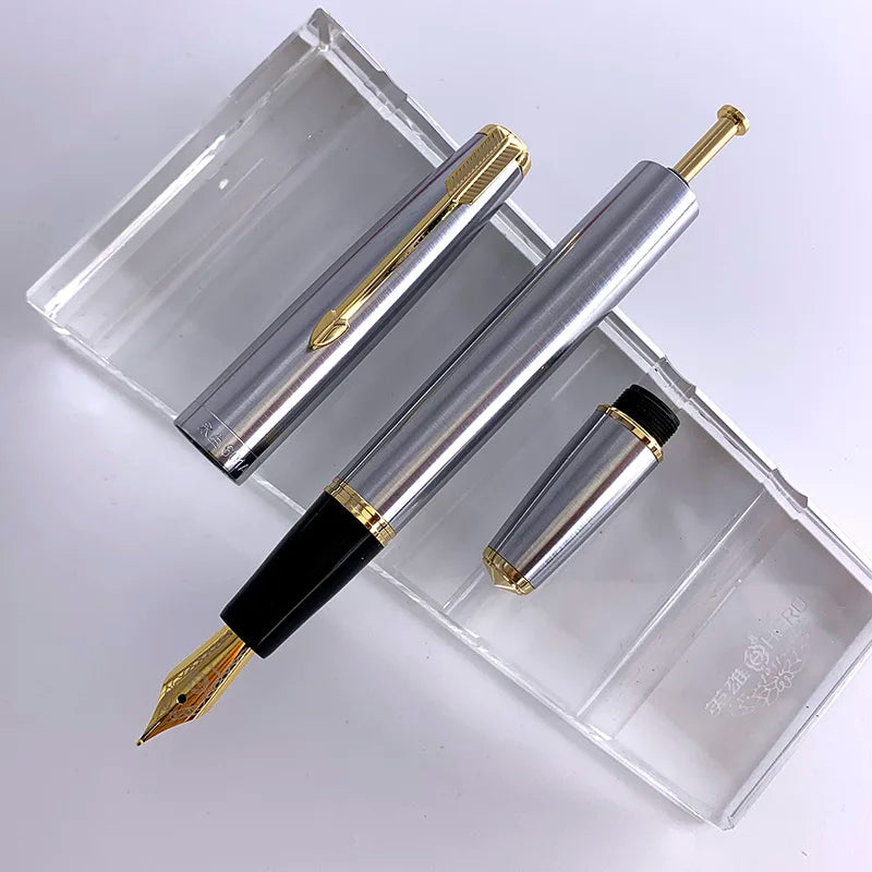 Wing Sung 601A All-Steel Fountain Pen – Piston Filler, Smooth Writing Nib, Premium Silver Body with Silver & Gold Clip