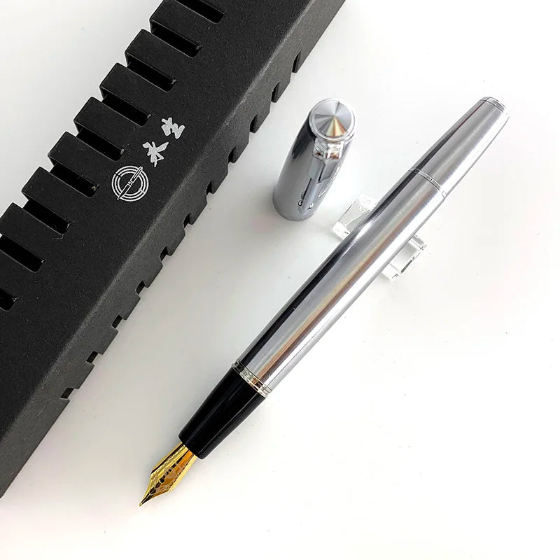 Wing Sung 601A All-Steel Fountain Pen – Piston Filler, Smooth Writing Nib, Premium Silver Body with Silver & Gold Clip