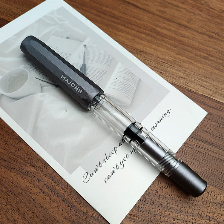 Moonman T1 Piston Fountain Pen 0.6 mm Fine Nib, Gray Aluminium Transparent Acrylic Large Ink Capacity Writing Pen Box