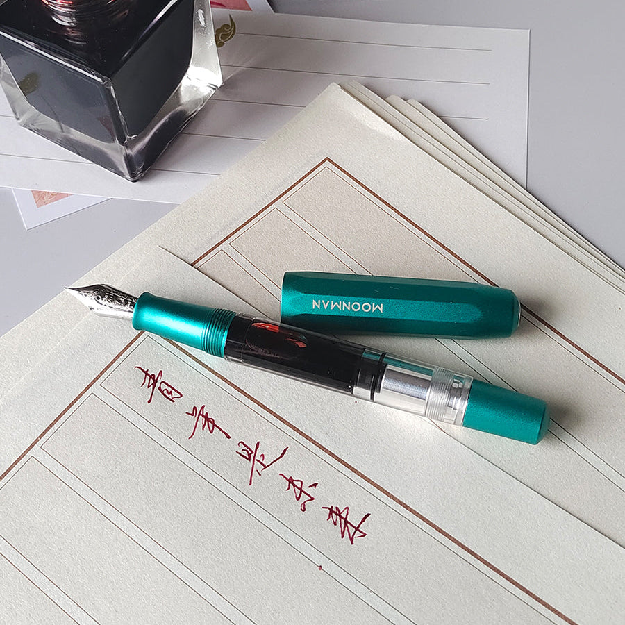Moonman T1 Piston 0.6 MM Fountain Pen Fine, Blue Aluminium Transparent Acrylic Large Ink Capacity Writing Pen Box Set