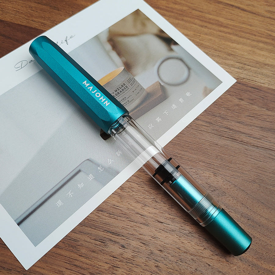 Moonman T1 Piston 0.6 MM Fountain Pen Fine, Blue Aluminium Transparent Acrylic Large Ink Capacity Writing Pen Box Set