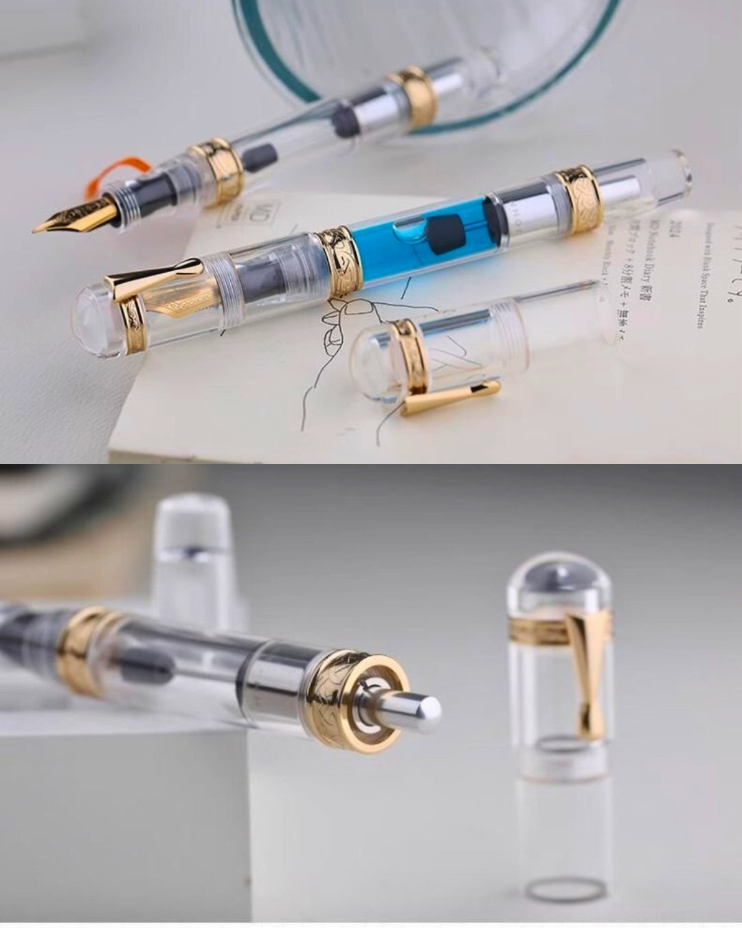 Moonman C5 Grand Slam Clear Fountain Pen – 99% Ink Fill Rate, High-Capacity Press-Type Piston, Transparent Acrylic Body, Gold-Plated Celtic Knot Decoration