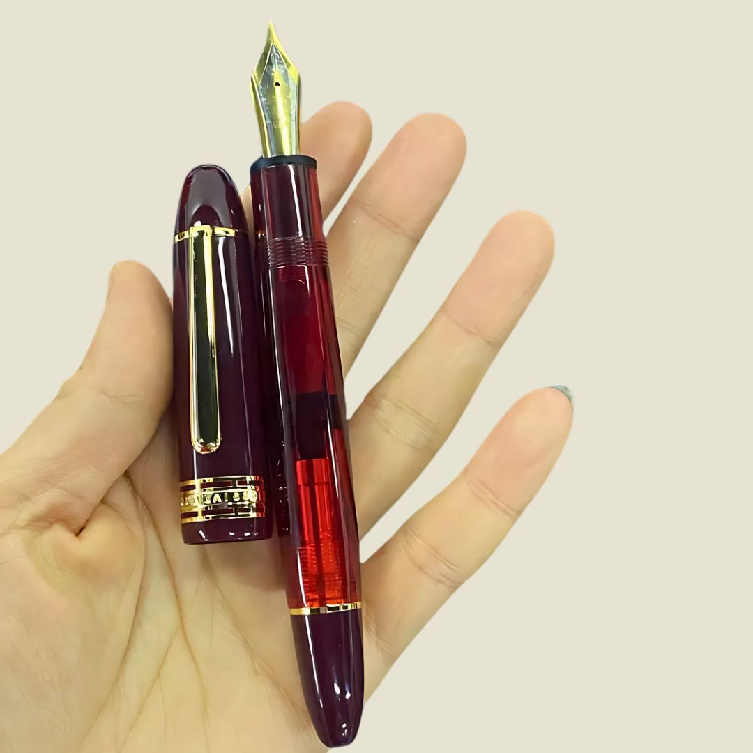 Wingsung 630 Piston Fountain Pen – Transparent Resin Barrel, #8 Fine Iridium Nib (Red)