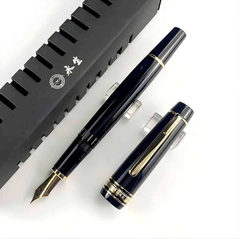 Wing Sung 629 Piston Filling Fountain Pen – Fine 0.5mm Iridium Nib, Black Resin with Gold Clip, Flat Top Design
