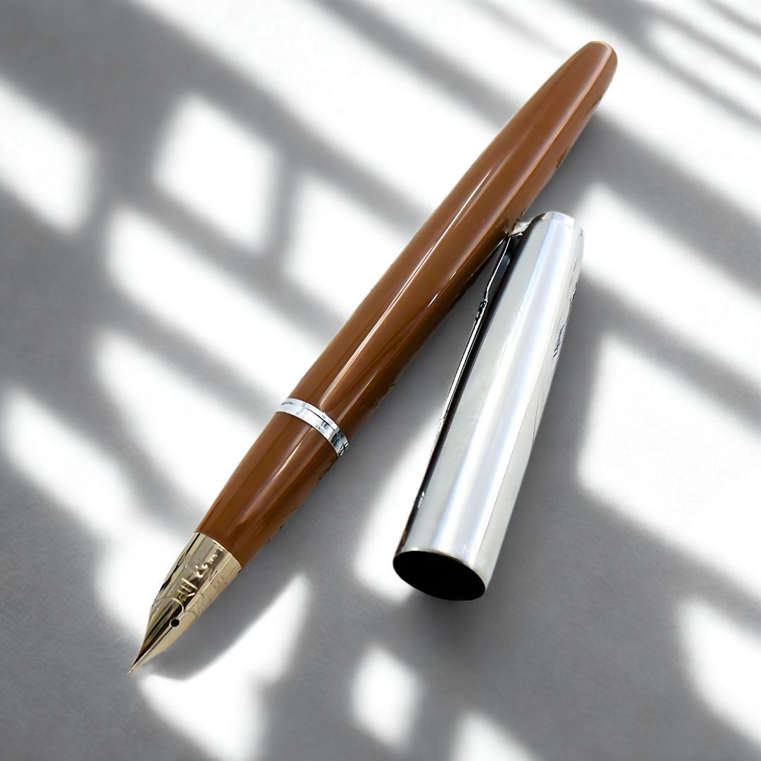 Wing Sung 601A Brown Vacumatic Fountain Pen – Fine 0.5mm Nib, Resin Body with Steel Cap, Push-Type, Converter & Box (No Ink)