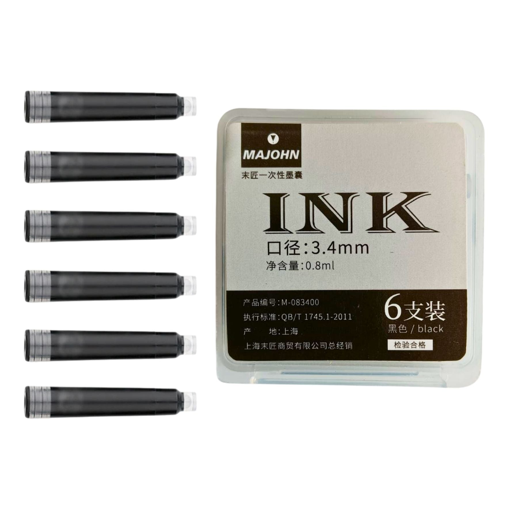 Majohn Fountain Pen Ink Cartridges Black Pack of 6 – 2.6mm & 3.4mm Universal Refill Cartridges, 0.8ml Smooth Writing Ink for Fountain Pens