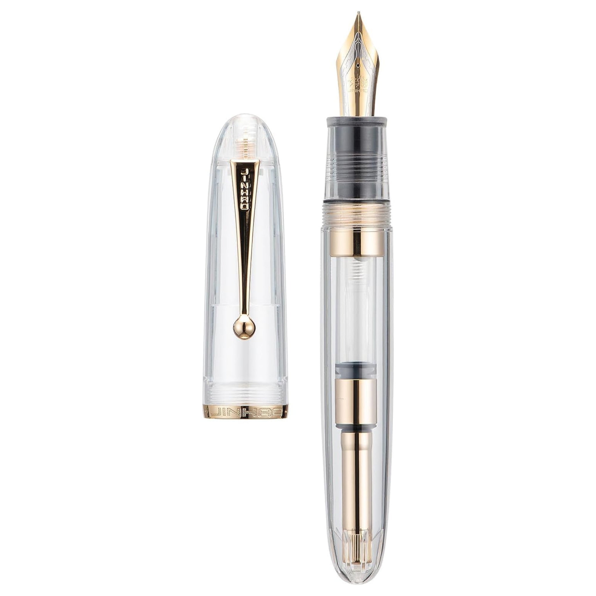 Jinhao 9019 Dadao Series Fountain Pen – Transparent Clear Acrylic Body, Gold Trim, #8 Medium Nib with Large Capacity Converter for Writing, Signatures & Calligraphy