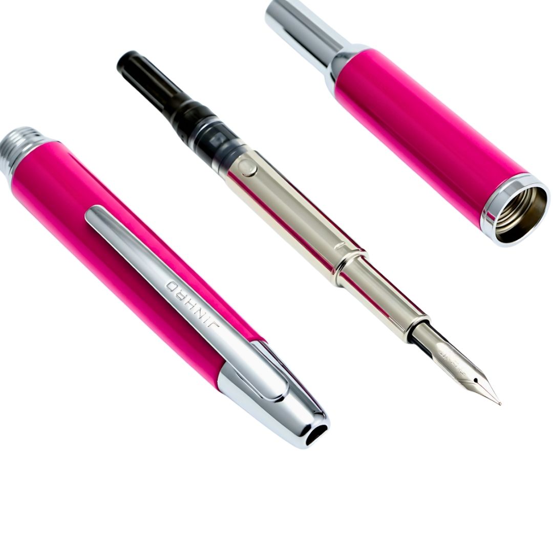 Jinhao 10 Fountain Pen (ONE OF ONE) – Bright Pink with Silver Clip, Retractable Nib, Limited Edition(Comes With A Pen Sleeve & A Pen Case)