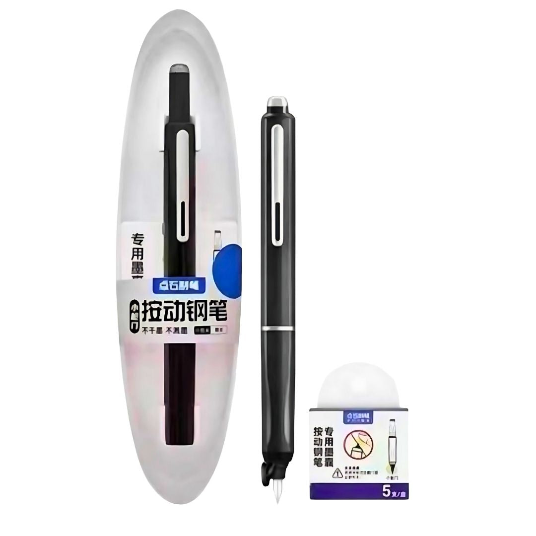 Dian Shi 1784 – Retractable Fountain Pen with 0.38mm Extra Fine Nib – Smooth Writing, 5 Blue Ink Refills (Black)