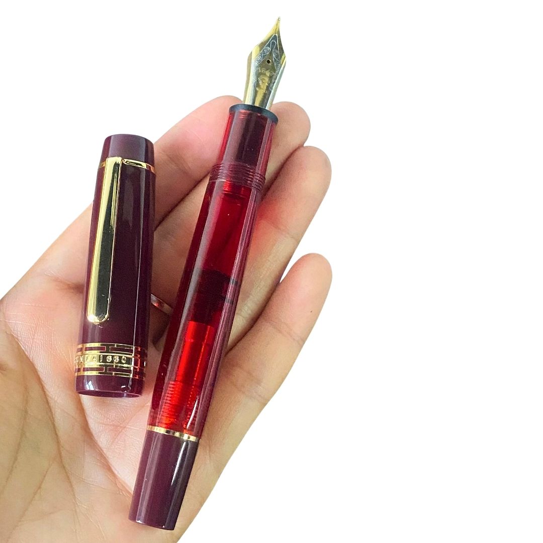 Wingsung 630 Piston Fountain Pen – Flat Top Transparent Barrel, #8 Iridium Fine Nib Resin Pen (Black, Sky Blue, Red)