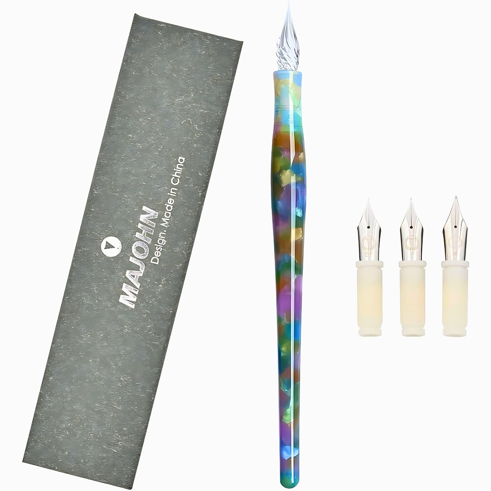 MAJOHN Multifunctional Dual-Purpose Pen – Glass Dip Pen & Fountain Pen with 3 Replacement Nibs (Extra Fine, Fine, Medium) – Multicolor