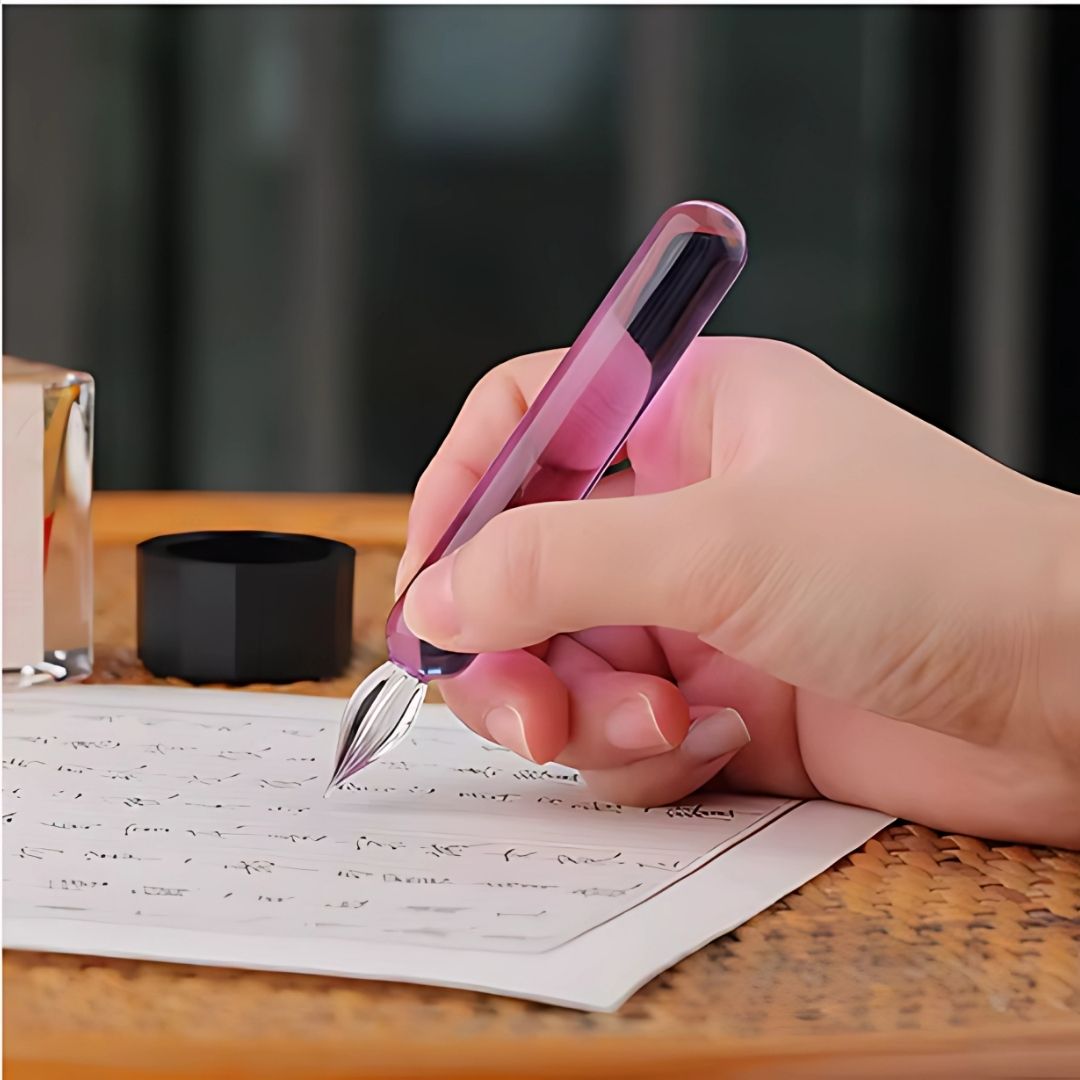 MAJOHN Crystal Glass Dip Pen – 0.5mm Fine Writing Width, Handmade Glass Nib, Solid Color Pink & Blue