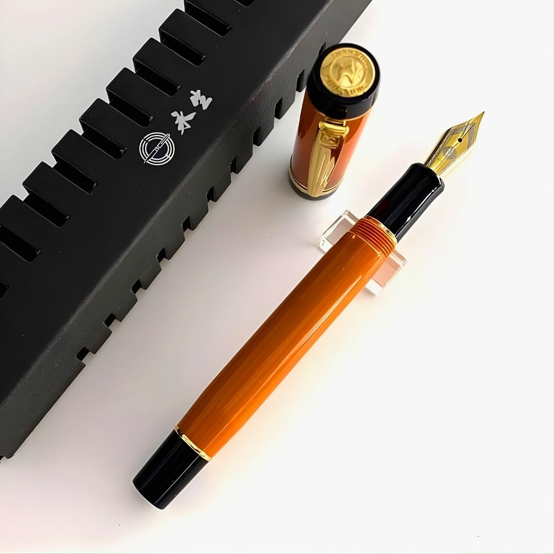 Wing Sung 670 Orange Acetate Resin Fountain Pen – Fine 0.5mm Nib, Gold Clip, Screw-Type Converter