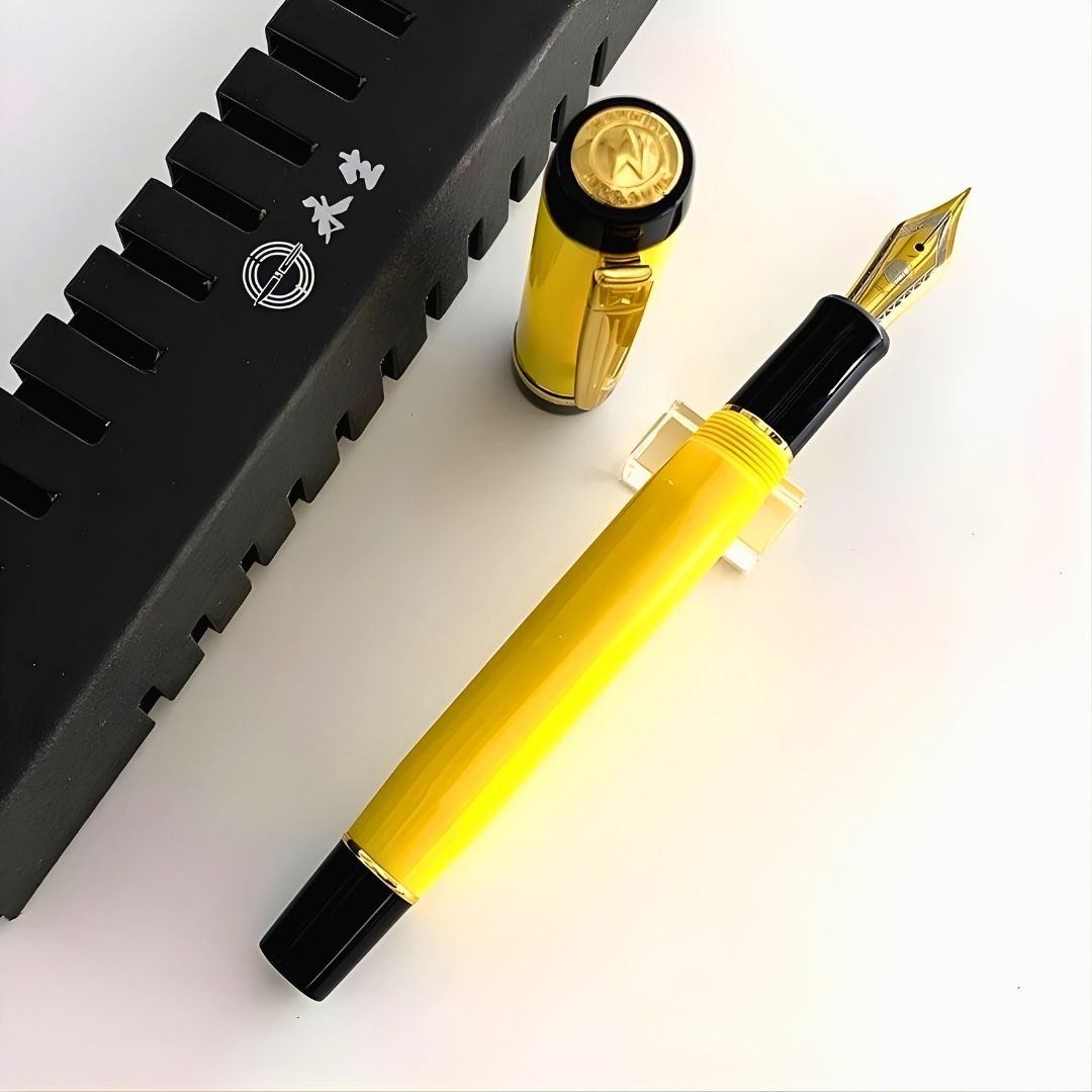 Wing Sung 670 Yellow Acetate Resin Fountain Pen – Fine 0.5mm Nib, Gold Clip, Screw-Type Converter