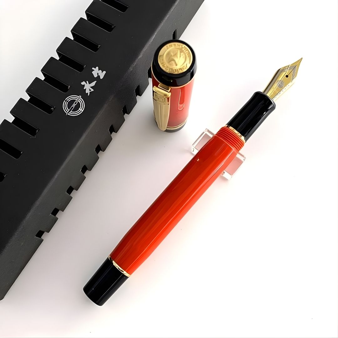 Wing Sung 670 Red Acetate Resin Fountain Pen – Fine 0.5mm Nib, Gold Clip, Screw-Type Converter