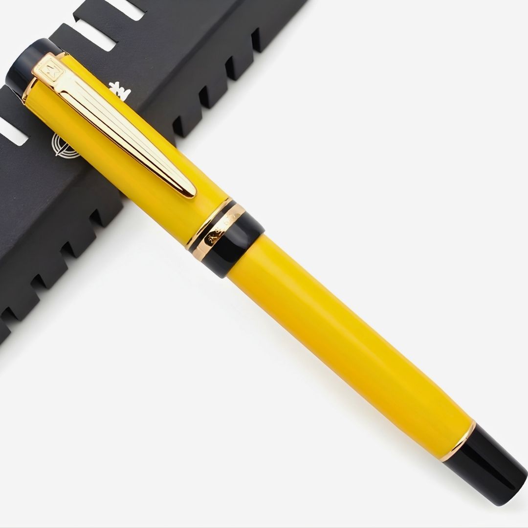 Wing Sung 670 Yellow Acetate Resin Fountain Pen – Fine 0.5mm Nib, Gold Clip, Screw-Type Converter