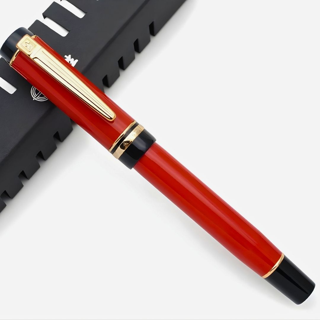 Wing Sung 670 Red Acetate Resin Fountain Pen – Fine 0.5mm Nib, Gold Clip, Screw-Type Converter