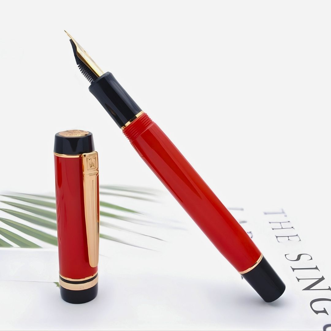 Wing Sung 670 Red Acetate Resin Fountain Pen – Fine 0.5mm Nib, Gold Clip, Screw-Type Converter
