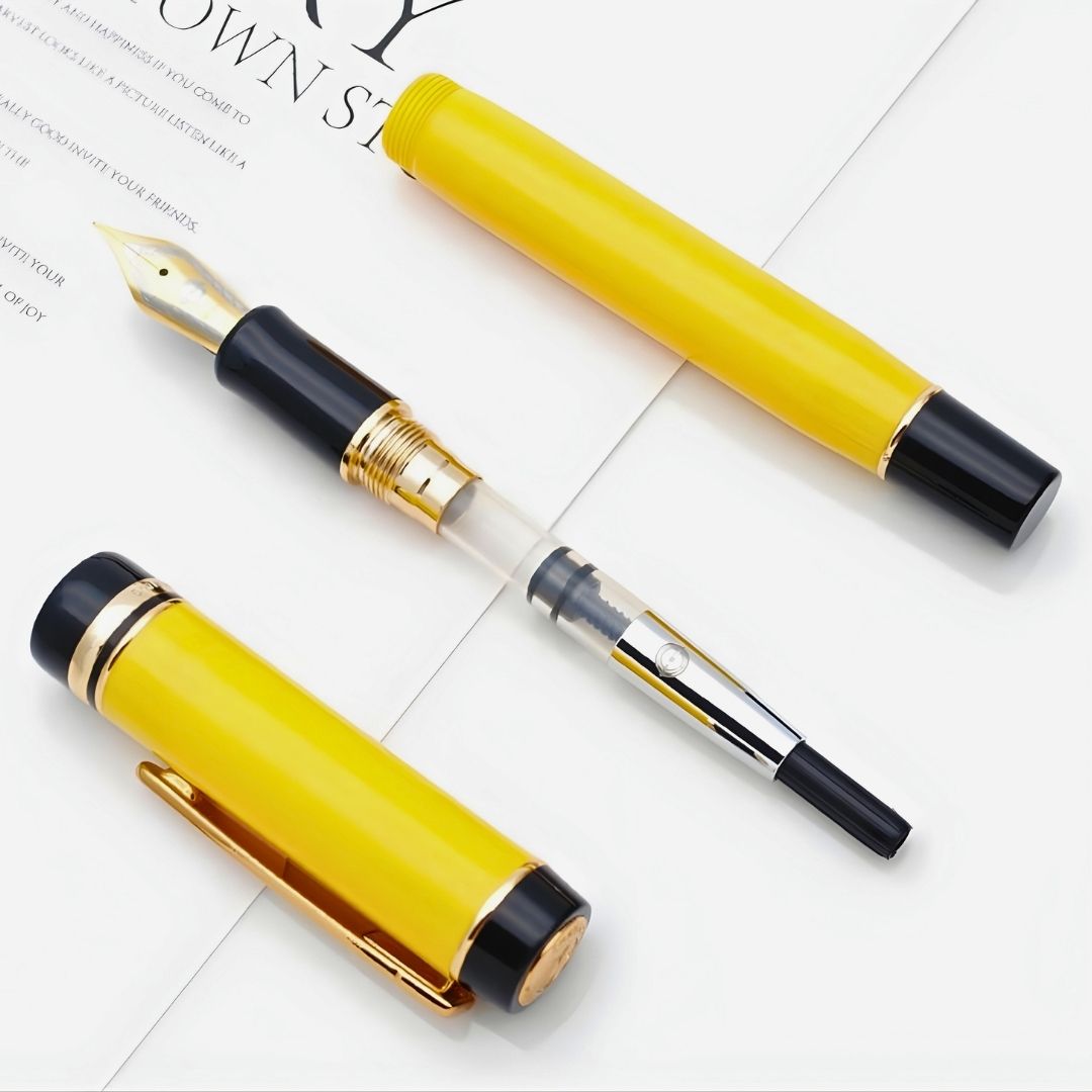 Wing Sung 670 Yellow Acetate Resin Fountain Pen – Fine 0.5mm Nib, Gold Clip, Screw-Type Converter