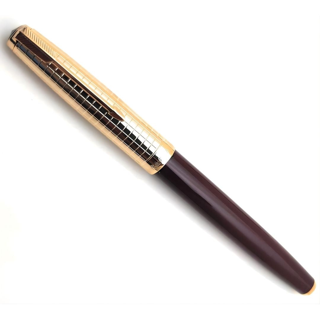 Wing Sung 601A Crimson Vacumatic Fountain Pen – Fine 0.5mm Nib, Golden Cap, Resin Body, Ink Window, Push-Cap with Converter & Box (No Ink)